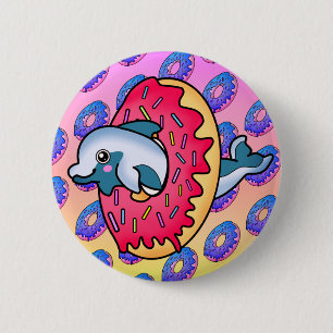 Sweet Smiling Dolphin in Cute Pink Doughnut 6 Cm Round Badge
