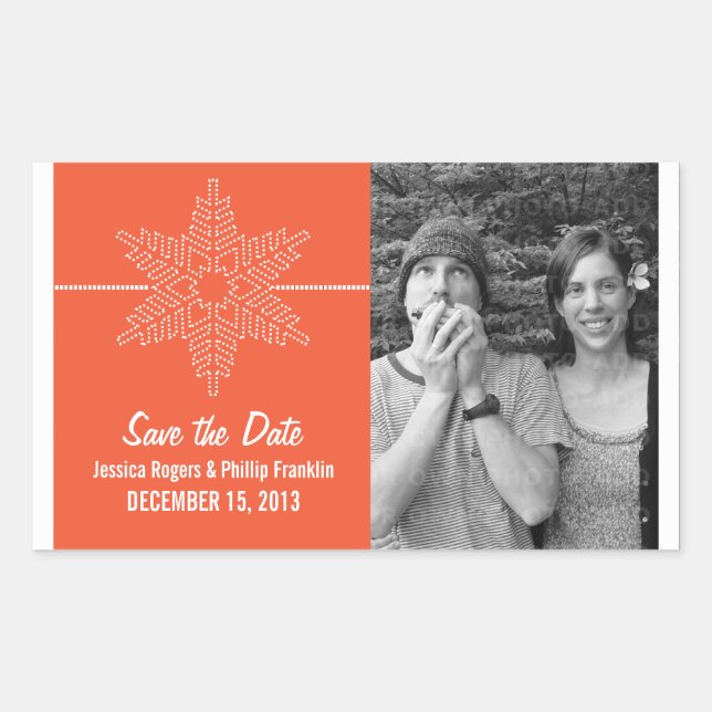 Sweet Snowflake Save the Date Stickers, Orange Rectangular Sticker (Front)