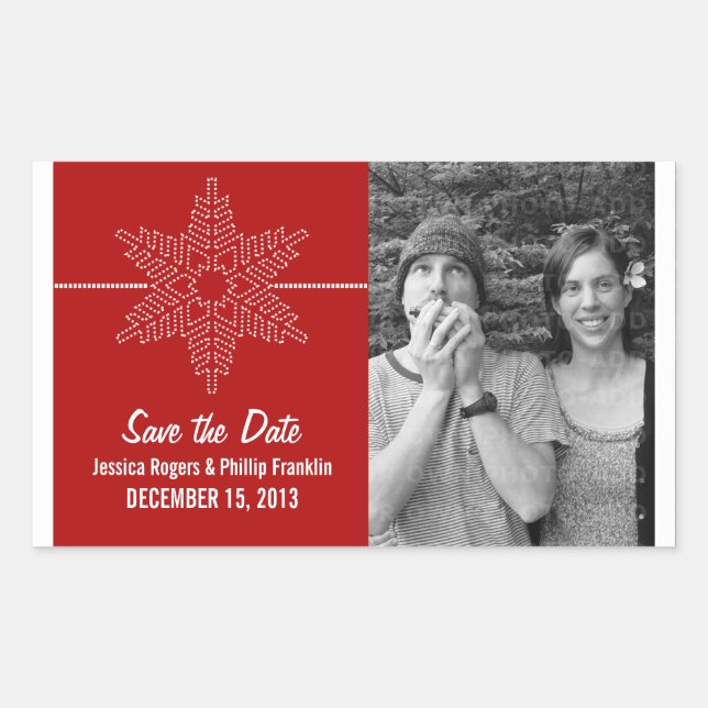Sweet Snowflake Save the Date Stickers, Red Rectangular Sticker (Front)