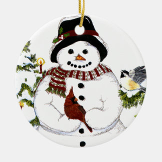 Sweet snowlady and cardinal, chickadee ornament. ceramic tree decoration