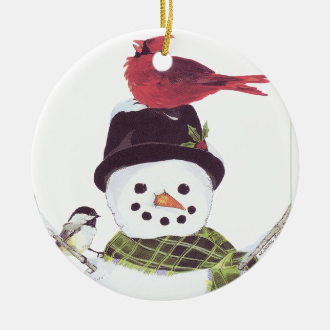 Sweet snowman and cardinal ornament. ceramic tree decoration (Front)