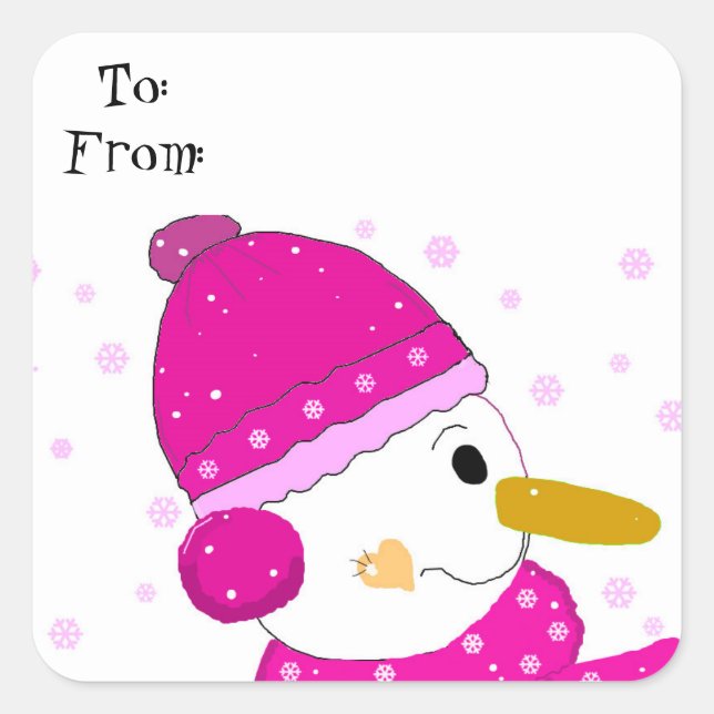 Sweet Snowman in Pink Square Sticker (Front)