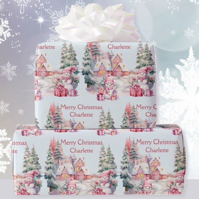 Sweet Snowmen in Pastels Add Girl's Name Christmas Wrapping Paper (Creator Uploaded)