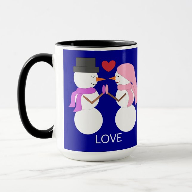 Sweet Snowpeople in Love: Dark Blue Mug (Left)