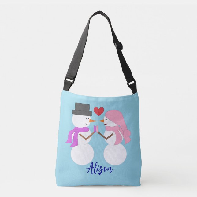 Sweet Snowpeople in Love:  Light Blue Crossbody Bag (Front)