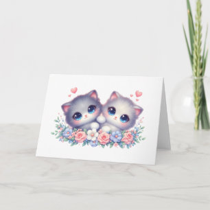 Sweet Snuggly Kitten Duo Floral Blank Greeting Card