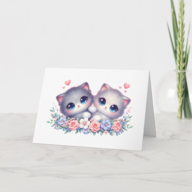 Sweet Snuggly Kitten Duo Floral Blank Greeting  Card (Front)