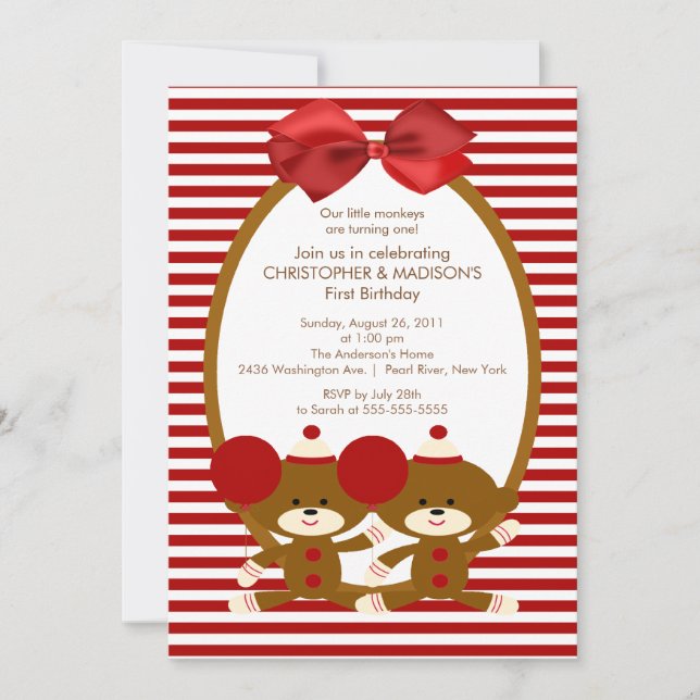 Sweet Sock Monkeys TWINS Birthday Invitation (Front)