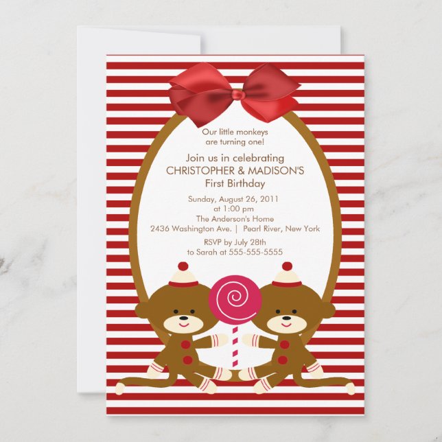 Sweet Sock Monkeys TWINS Birthday Invitation (Front)