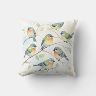 Sweet Songbirds on Branches Watercolor Floral Cushion