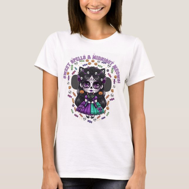 Sweet Spells & Midnight Meows - Catrina Kawaii de T-Shirt (Front)
