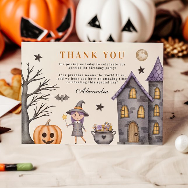 Sweet & Spooky Baby Witch Birthday Thank You Card (Creator Uploaded)
