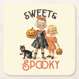 "Sweet & Spooky" mid-century vintage style Square Paper Coaster