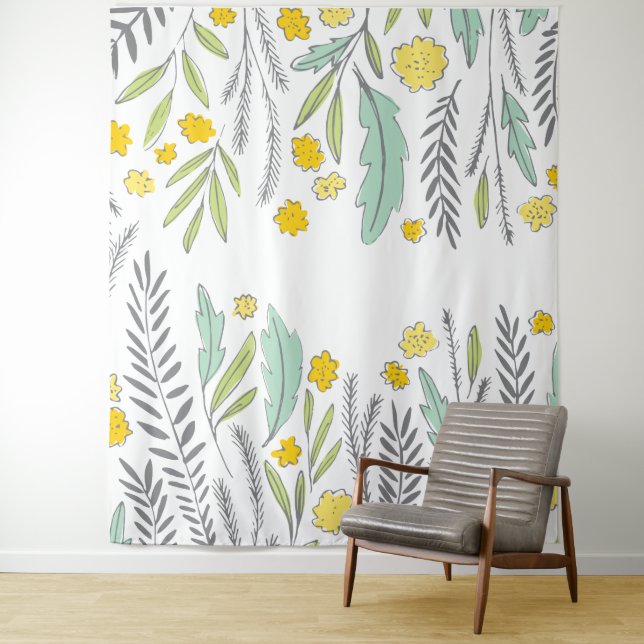 Sweet Sprigs Mint Yellow and Grey Floral Tapestry (In Situ)