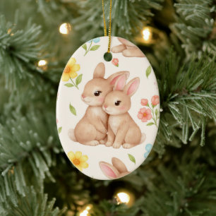 Sweet Spring Bunnies & Floral Garden Pattern Ceramic Tree Decoration