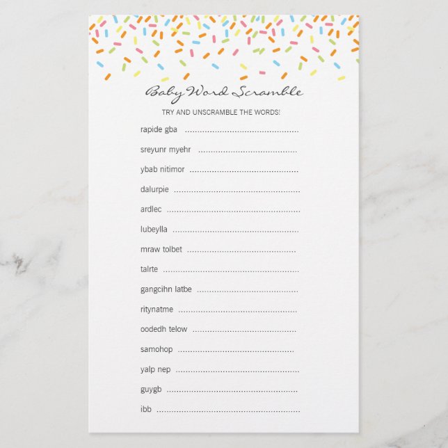 Sweet Sprinkles Baby Word Scramble Game (Front)