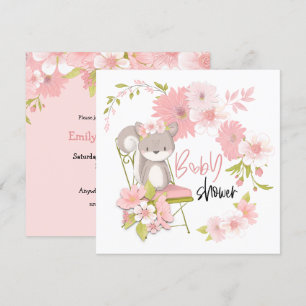 Sweet Squirrel Florals White Pink Girl Baby Shower Invitation