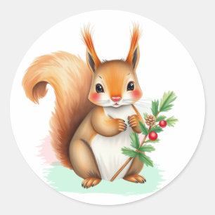 Sweet Squirrel holding Holly Branch Christmas Classic Round Sticker