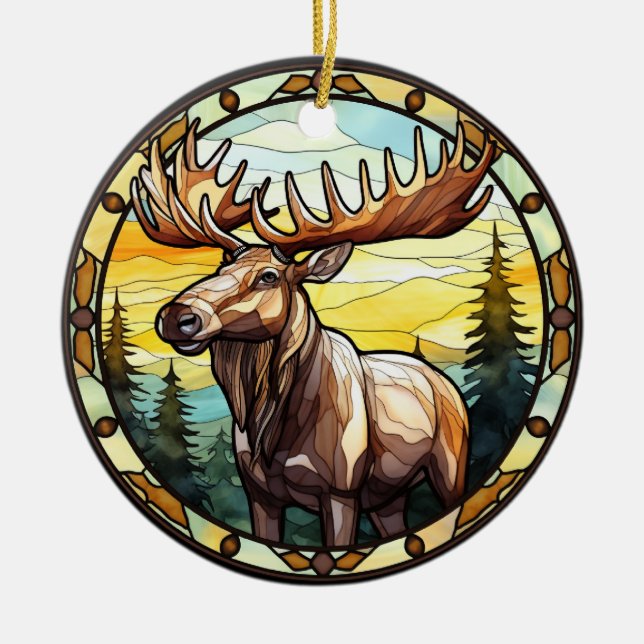 Sweet Stained Glass American Elk Moose Ceramic Tree Decoration (Front)