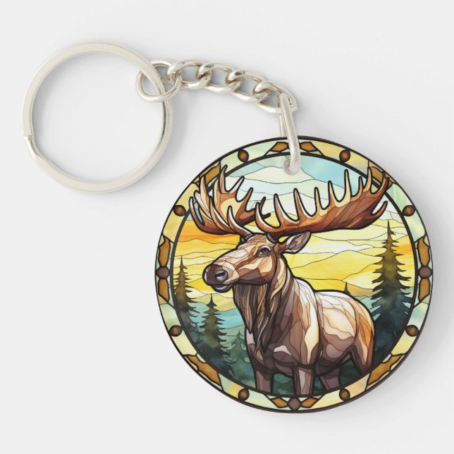 Sweet Stained Glass American Elk Moose Key Ring (Front)