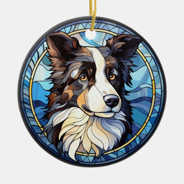 Sweet Stained Glass Australian Shepherd Dog Ceramic Tree Decoration (Front)