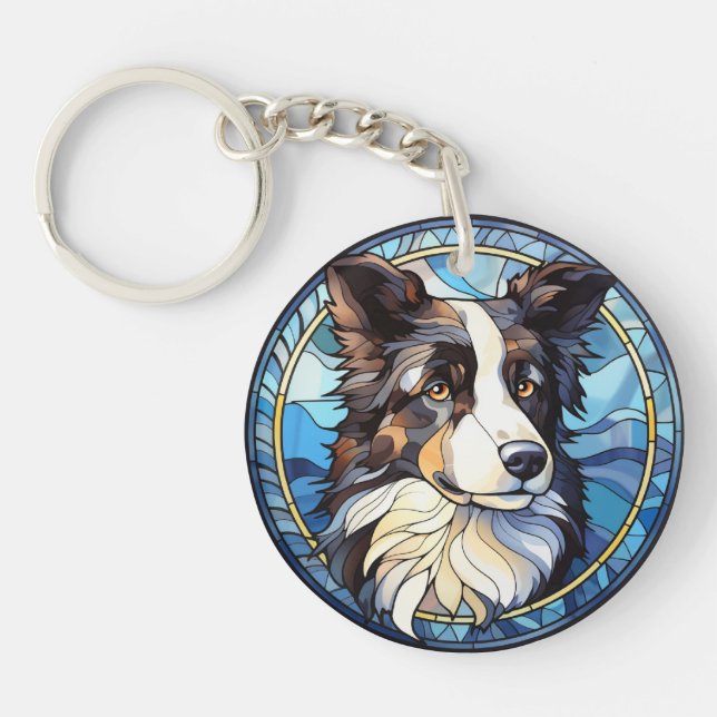 Sweet Stained Glass Australian Shepherd Dog Key Ring (Front)