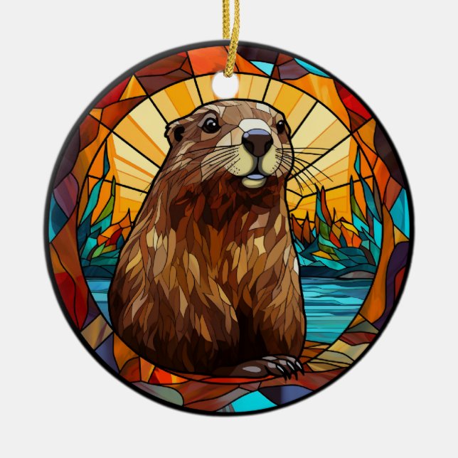 Sweet Stained Glass Beaver Ceramic Tree Decoration (Front)