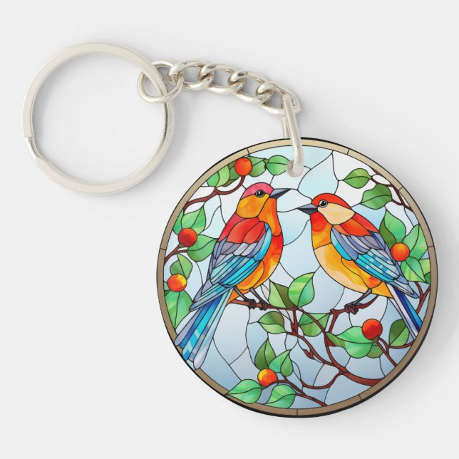 Sweet Stained Glass Bluebirds Key Ring (Front)