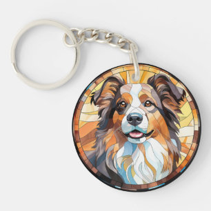Sweet Stained Glass Border Collie Dog Key Ring