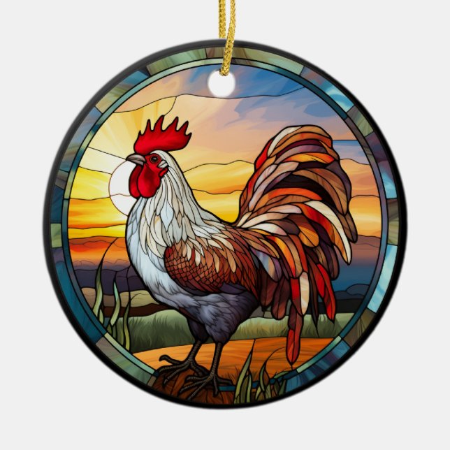 Sweet Stained Glass Chickens Rooster and Sunrise Ceramic Tree Decoration (Front)