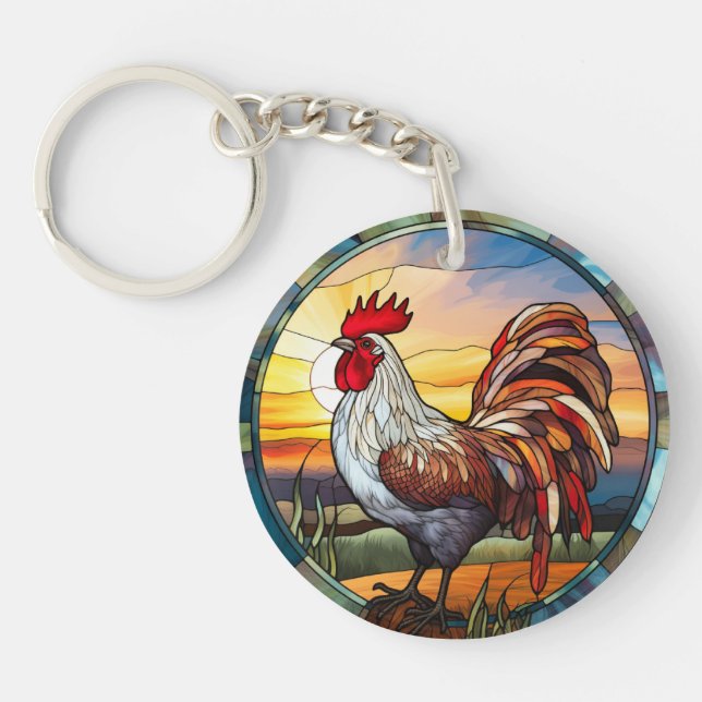 Sweet Stained Glass Chickens Rooster and Sunrise Key Ring (Front)