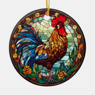 Sweet Stained Glass Chickens Rooster  Ceramic Tree Decoration