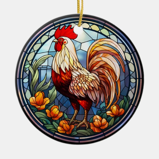 Sweet Stained Glass Chickens Rooster Ceramic Tree Decoration (Front)