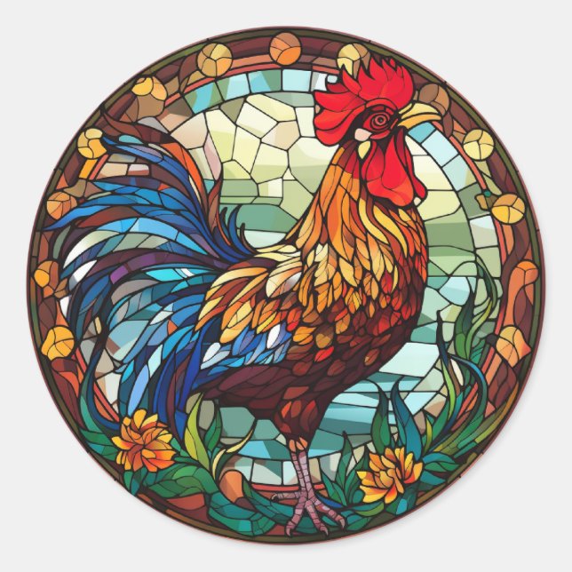 Sweet Stained Glass Chickens Rooster  Classic Round Sticker (Front)
