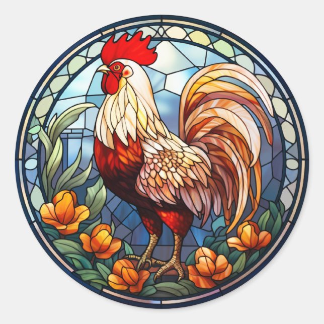 Sweet Stained Glass Chickens Rooster Classic Round Sticker (Front)