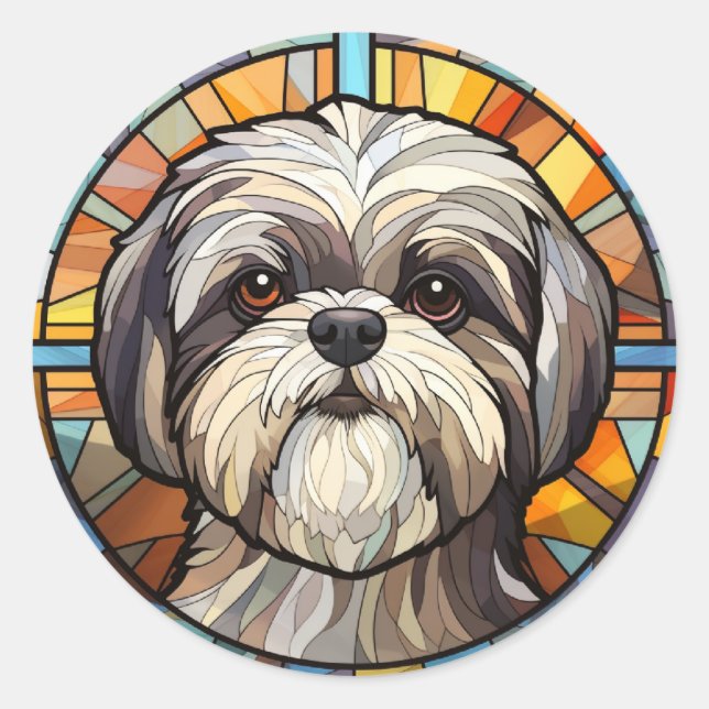 Sweet Stained Glass Dog Shih Tsu Classic Round Sticker (Front)