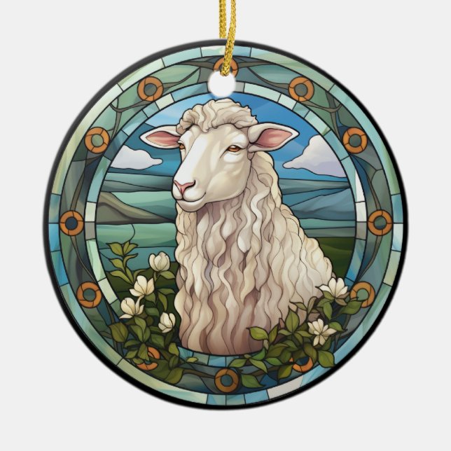 Sweet Stained Glass Farm Sheep Lamb Ceramic Tree Decoration (Front)