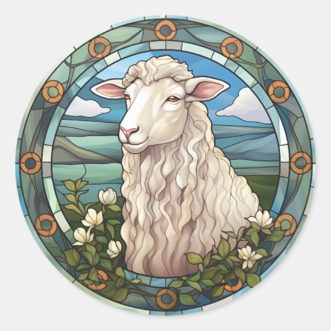 Sweet Stained Glass Farm Sheep Lamb Classic Round Sticker (Front)