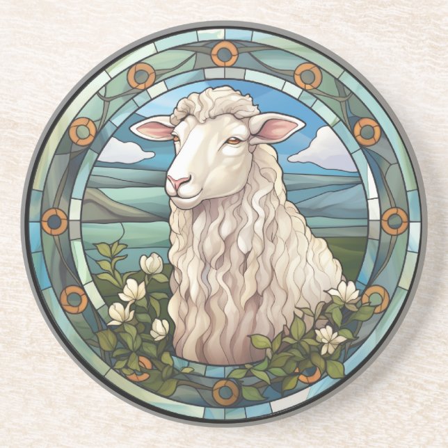 Sweet Stained Glass Farm Sheep Lamb Coaster (Front)