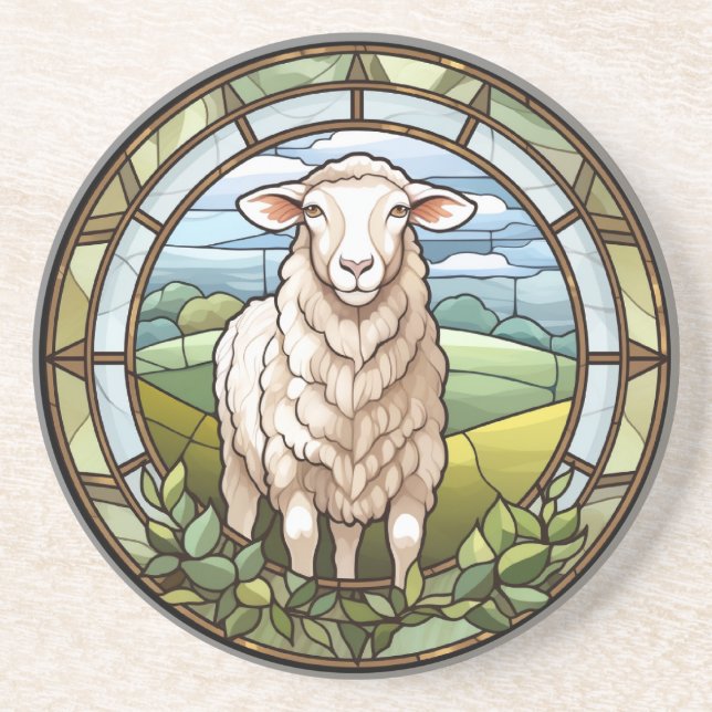 Sweet Stained Glass Farm Sheep Lamb Coaster (Front)