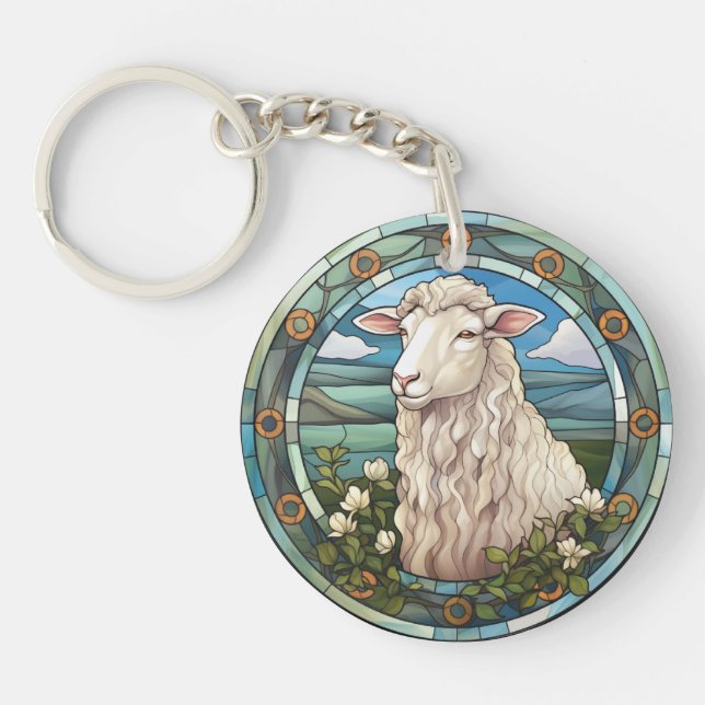 Sweet Stained Glass Farm Sheep Lamb Key Ring (Front)