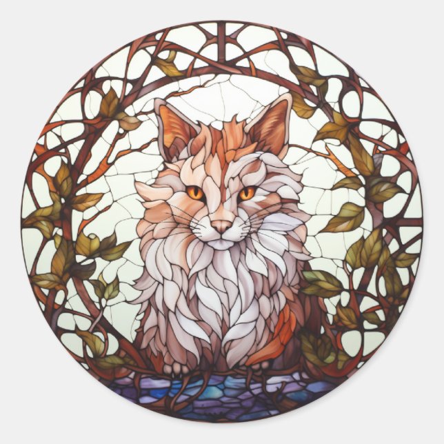Sweet Stained Glass Forest Cat Classic Round Sticker (Front)