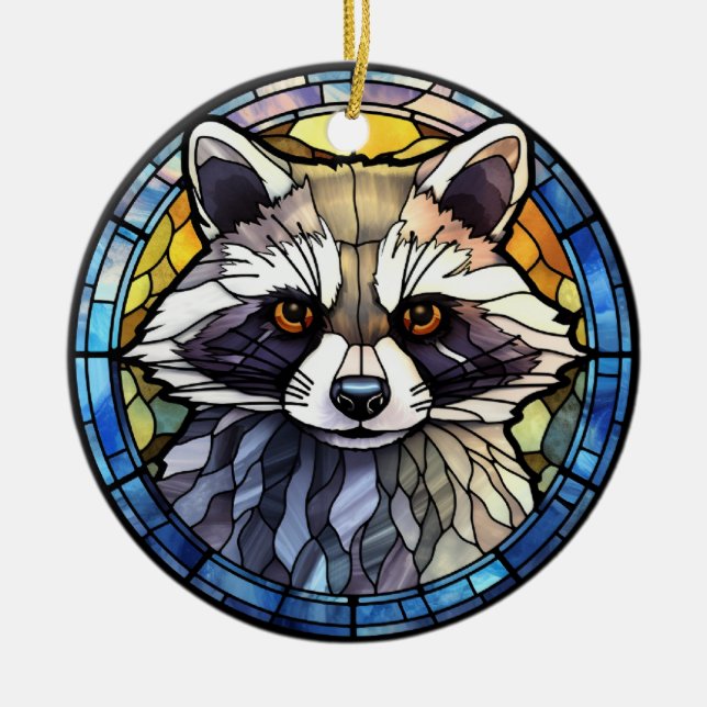 Sweet Stained Glass Frisky Racoon Ceramic Tree Decoration (Front)