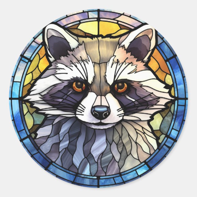 Sweet Stained Glass Frisky Racoon Classic Round Sticker (Front)