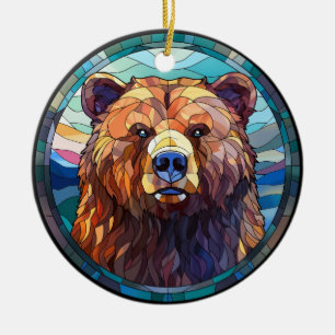 Sweet Stained Glass Grizzly Bear Ceramic Tree Decoration