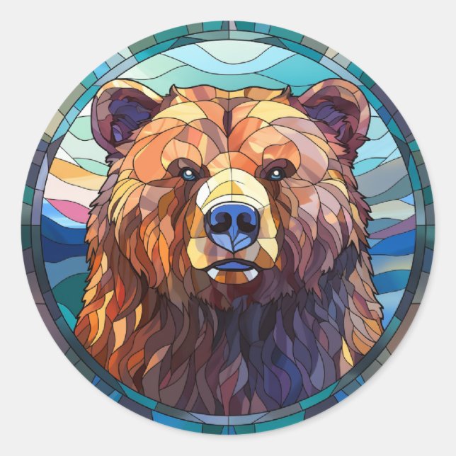 Sweet Stained Glass Grizzly Bear Classic Round Sticker (Front)