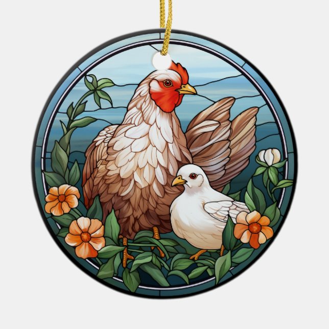 Sweet Stained Glass Hen and Chick Ceramic Tree Decoration (Front)