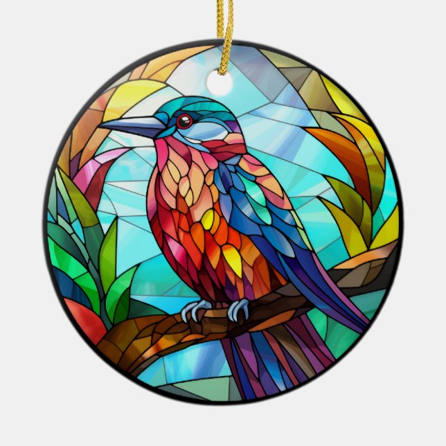 Sweet Stained Glass Kingfisher Bird Ceramic Tree Decoration (Front)