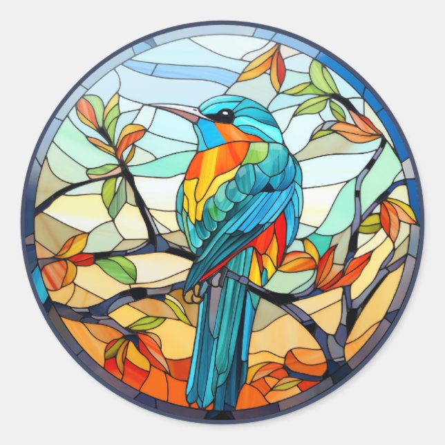 Sweet Stained Glass Kingfisher Bird Classic Round Sticker (Front)