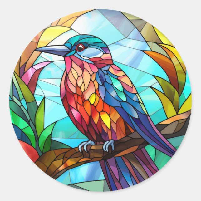 Sweet Stained Glass Kingfisher Bird Classic Round Sticker (Front)